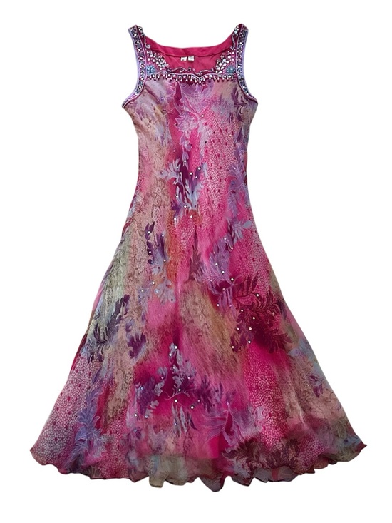 Dresses & Skirts - Vintage Y2K Pink Purple Chiffon Floral Print Beaded Fairy Dress